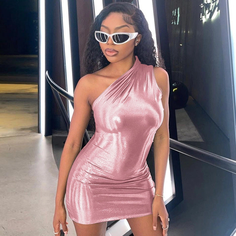 Pinky Swear-One Shoulder Metallic Bodycon Cocktail Dress.