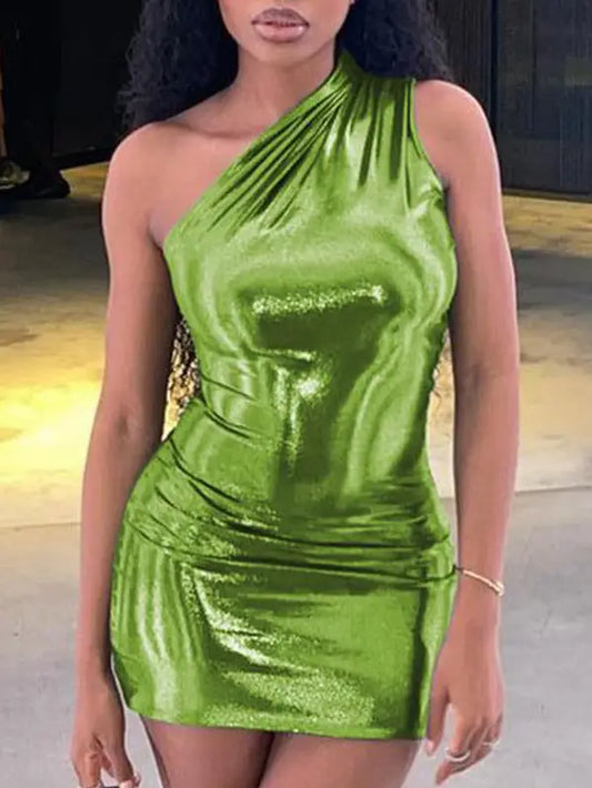 Give Me The Green-Metallic One Shoulder Cocktail Dress