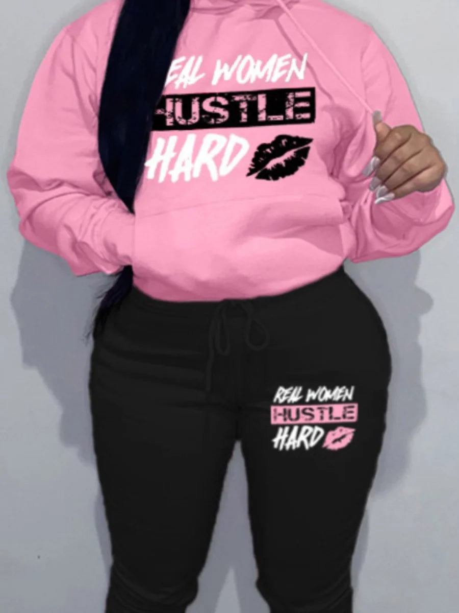 PLAY HARD-Plus Size Hoodie Pullover Two Pieces set