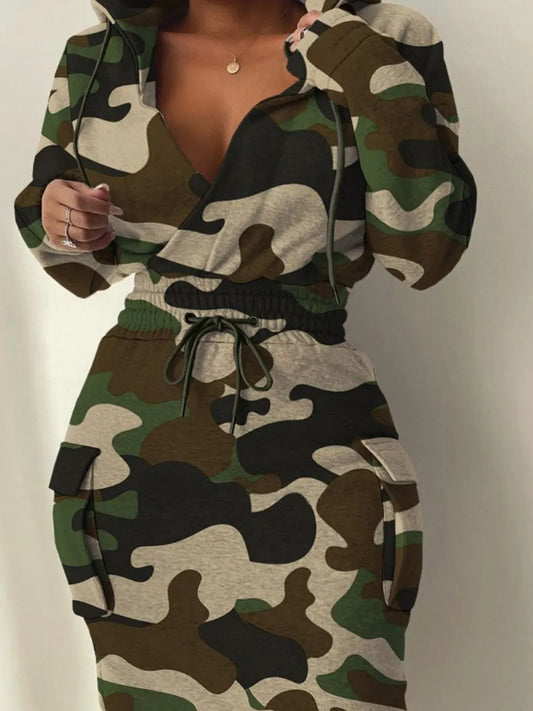 Plus Size Hooded  Camo Print Cargo Dress