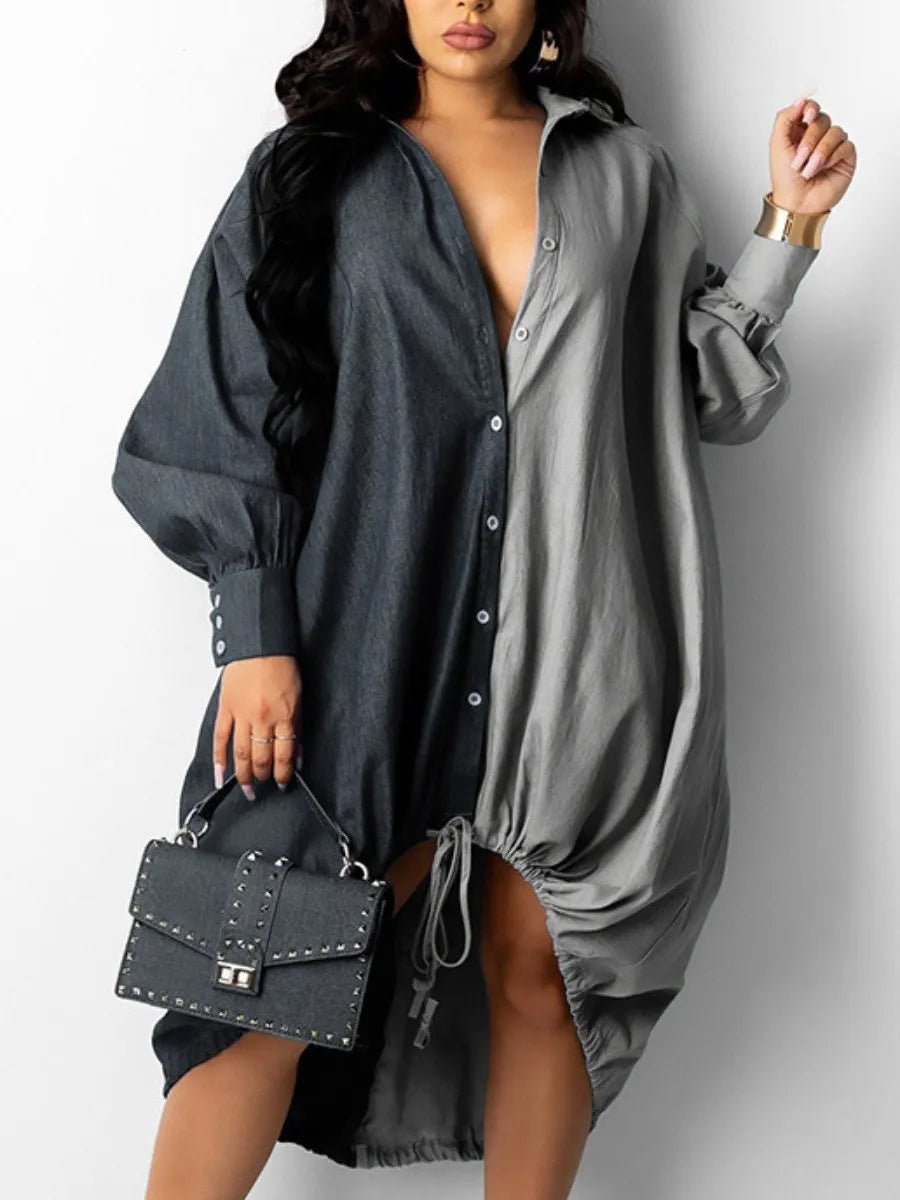 Drawstring Patchwork Shirt Dress (Plus Size)