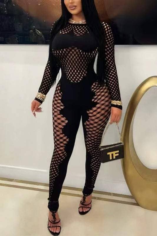 Sexy long sleeve sheer mesh jumpsuit