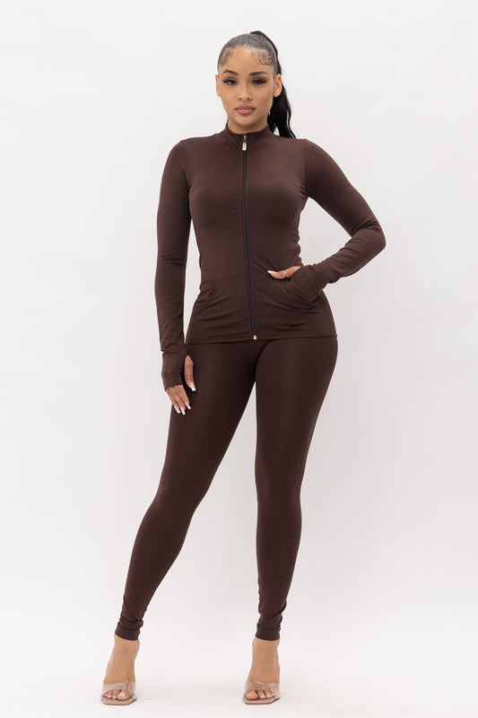 Full Zip Up Open Thumb Front Pocket Jacket And Leggings Set: Brown / 3-3 (S/M-L/XL)