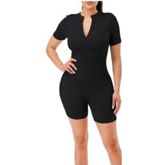 Sexy Ribbed Zip-Up Romper